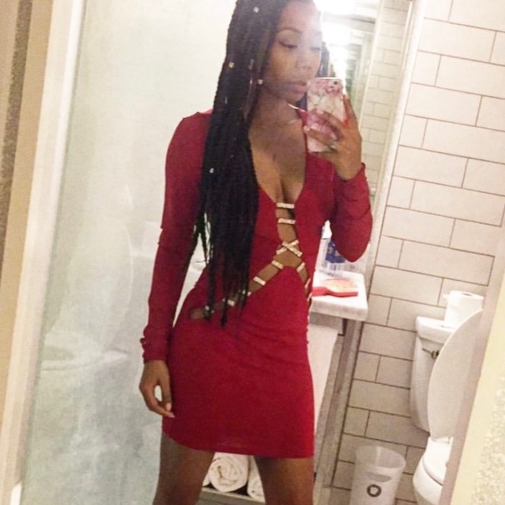 Red long sleeve dress with rhinestone cut-out